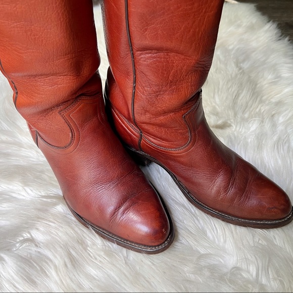 Vintage FRYE Cognac Leather Pull On Heeled Cowboy Boots 3811 - Picture 7 of 8